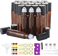 Mavogel 24-Pack 10ml Amber Glass Essential Oil Roller Bottles - Leak-Proof Stainless Steel Balls, 54 Labels, Tools Included