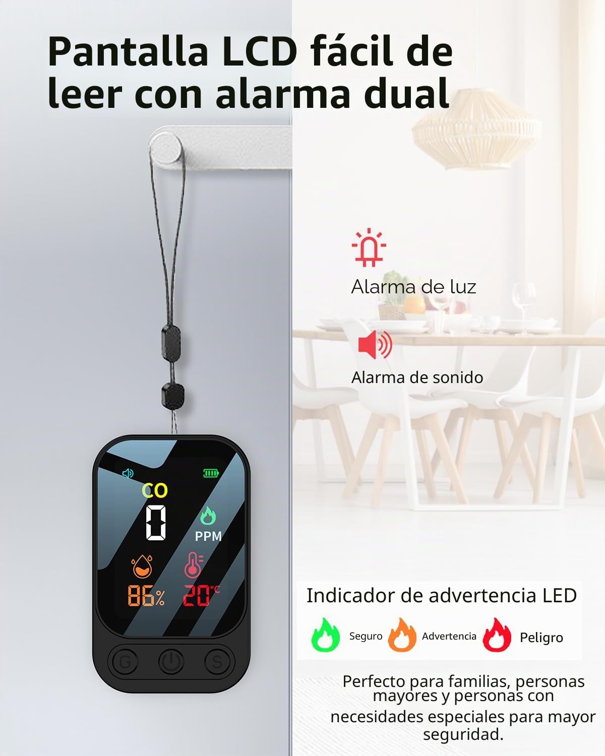 Detector de monóxido de carbono portátil 3 en 1, detector de monóxido de carbono recargable con indicador de temperatura y humedad, portátil para el hogar, caravana, camping, negro (negro)
