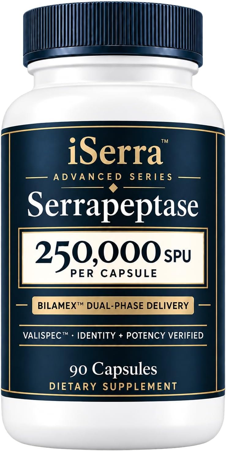 iSerra Advanced Series Serrapeptase 250,000 SPU Per Capsule | Bilamex Dual-Phase Delayed-Release Delivery | 90 Capsules | Independent Lab Tested | Veriphase Lot Verified | Serratiopeptidase Enzyme