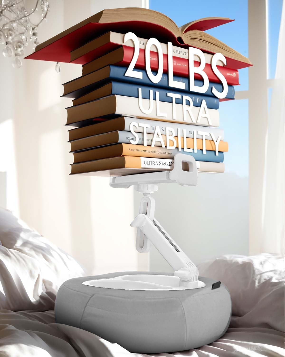 Miledi Cuscino Supporto Tablet per Letto e Divano, Supporto Kindle e iPad Regolabile a 360° per Dispositivi da 5 a 12,9 Pollici, con Porta Bicchiere e Vassoio Snack per Lettura e Relax, Grigio