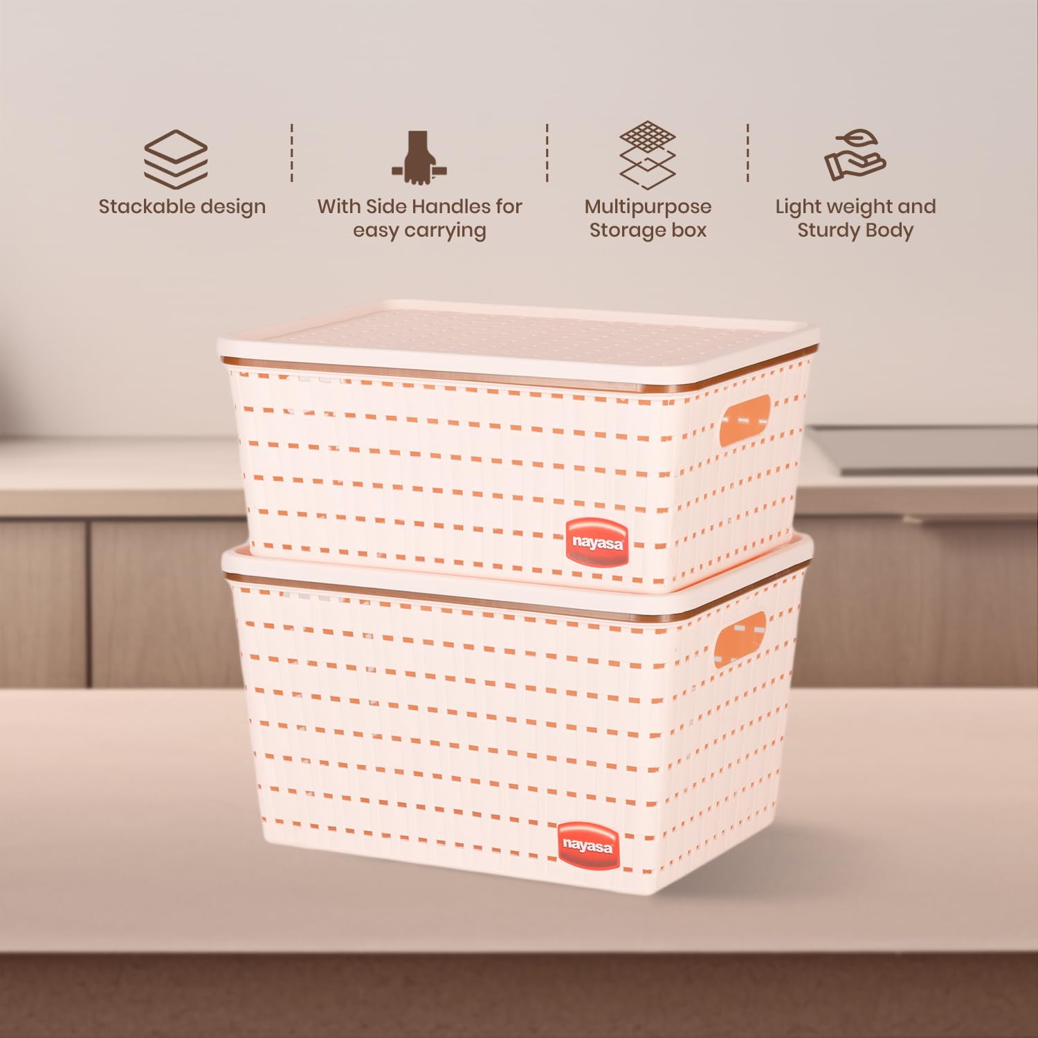 Nayasa Gloria Basket for Storage | Vegetable & Fruit Basket | Storage Box and Organiser Plastic Basket with Lid | Multipurpose Kitchen Organizer Rack | Big & Medium - Set of 2 | Peach - Image 5 thumbnail