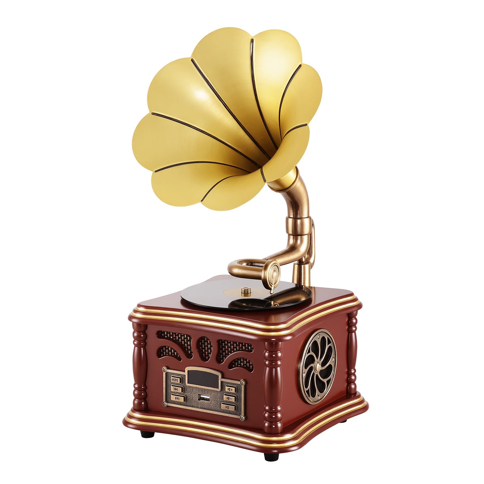 Haut-Parleur Bluetooth Rétro, Ornements de Maison en Cuivre Et Bois Massif, Radio FM, en Forme de Gramophone, pour Les Amateurs de Musique