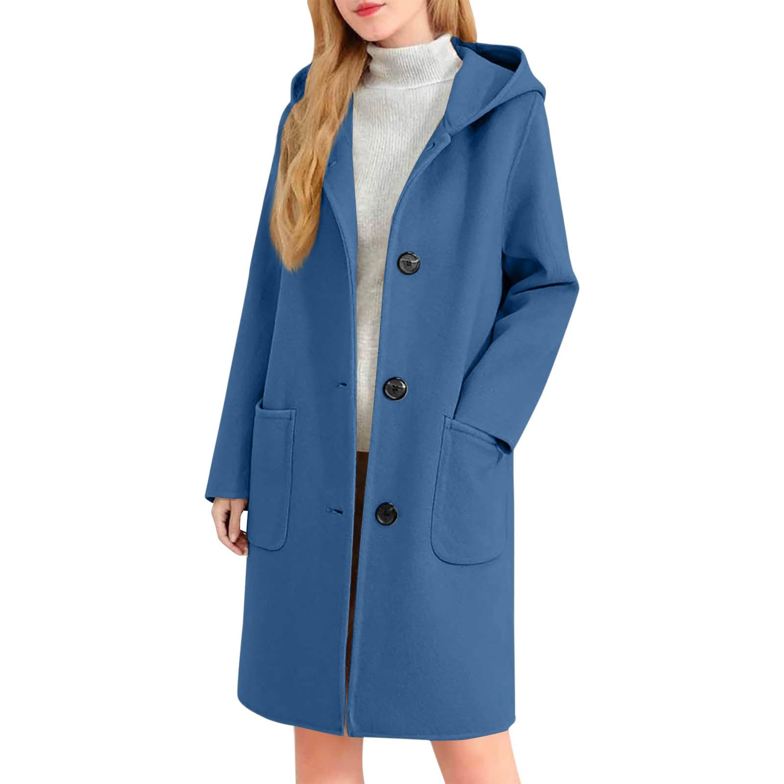 Generisch Wintermantel Damen Lang Warm Elegante Mit Kapuze Taschen Und Knöpfen Winterjacke Mittellang Herbst Übergangsjacke Gefütterte Wollmantel Freizeitjacke Mode Outdoorjacke