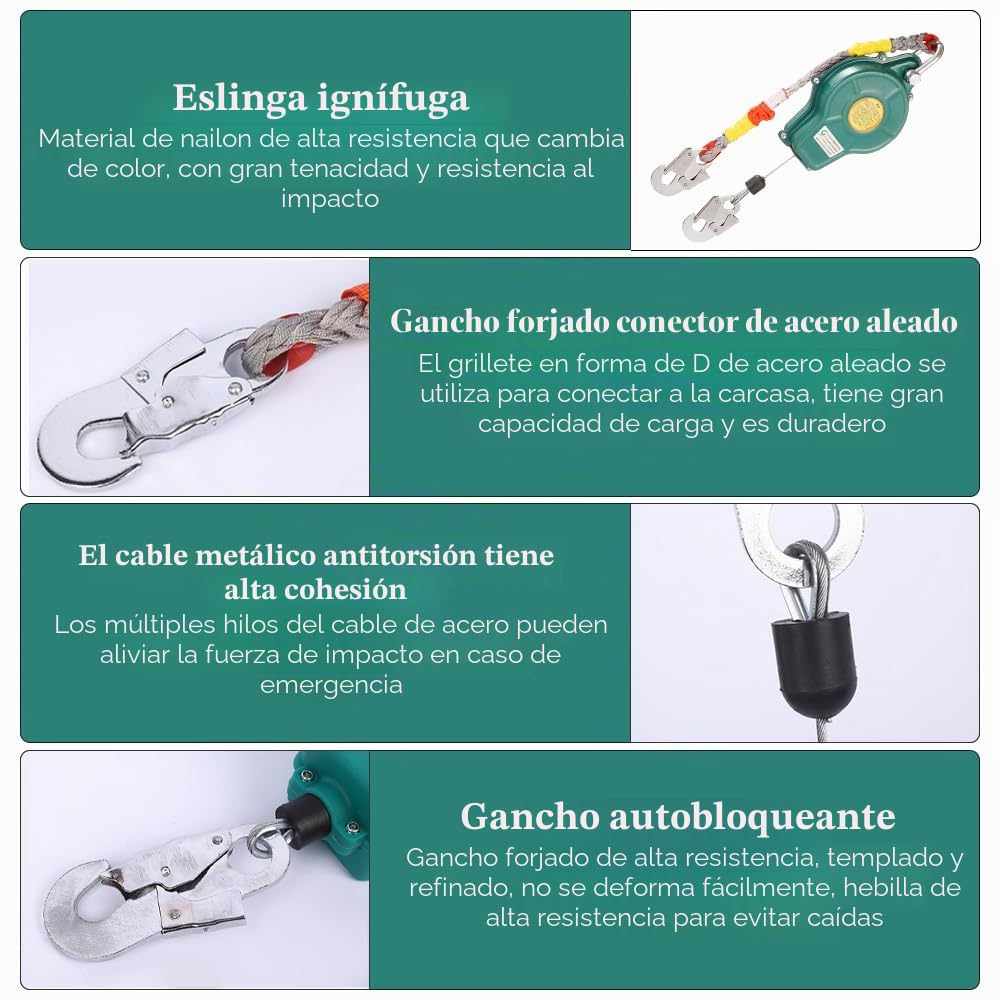 Dispositivo de seguridad de altura retráctil 10 m protección contra caídas carga máxima 150 kg