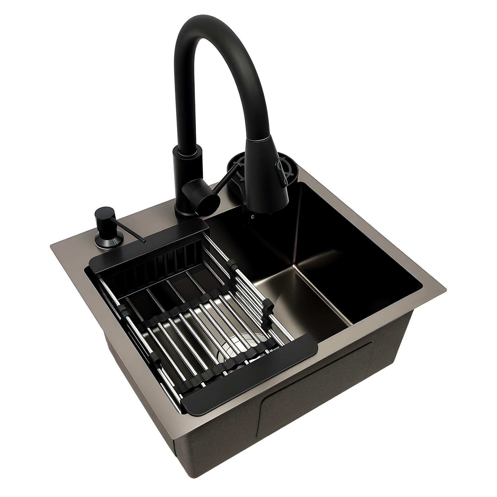 Fregadero de granito de acero inoxidable, 45 x 40 cm, color negro, juego completo con grifo, escurridor, dispensador de jabón y lavavajillas para tazas, fregadero empotrable para armarios bajos a