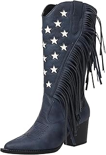 Botas de vaquero para mujer, color negro, con flecos, cómodas, de trekking, sin cordones, botas altas, largas, bordadas, de entretiempo