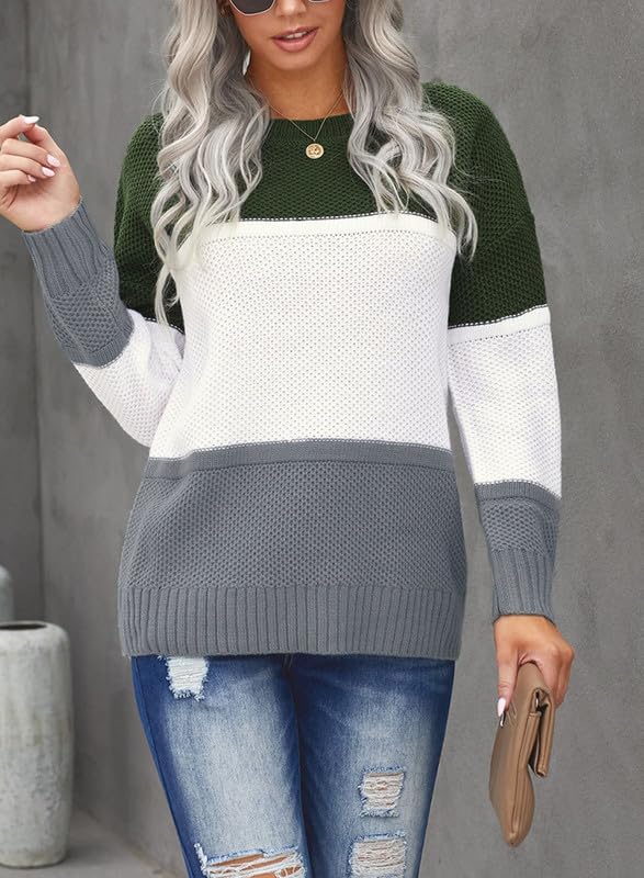 Image of Dokotoo Womens Color Block Sweaters Long Sleeve Pullover Knit Tops