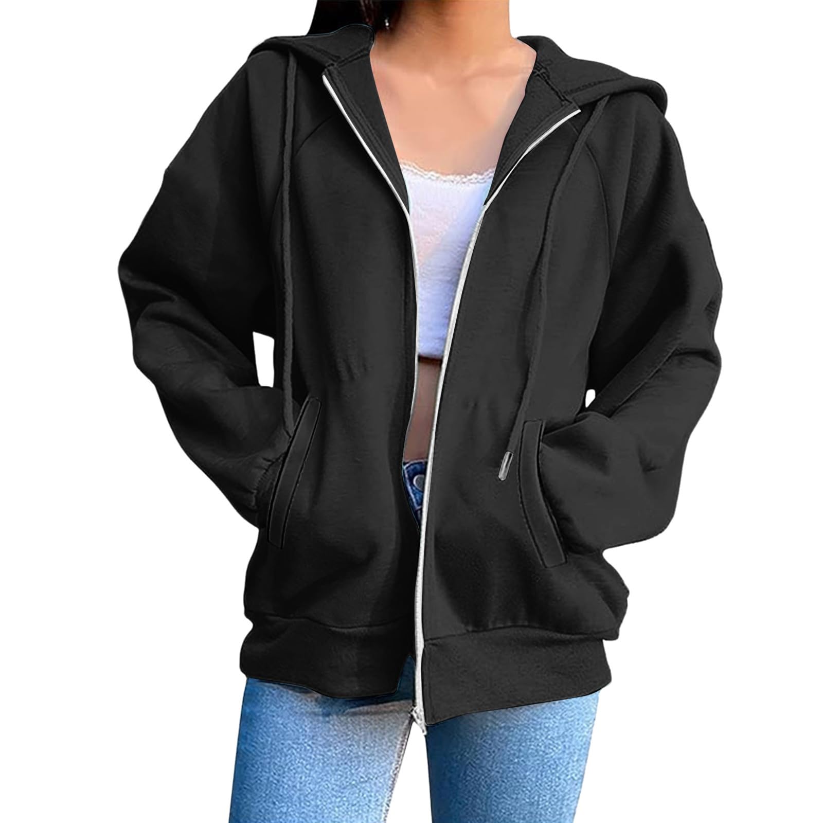 Sweats À Capuche Femme Sweat Zippé Femme Veste Sport Femmes avec Poches Mode Sweatshirt Manches Longues Hoodies Casual Baggy Couleur Unie Sweatshirts Grande Taille 2025 Automne Hiver