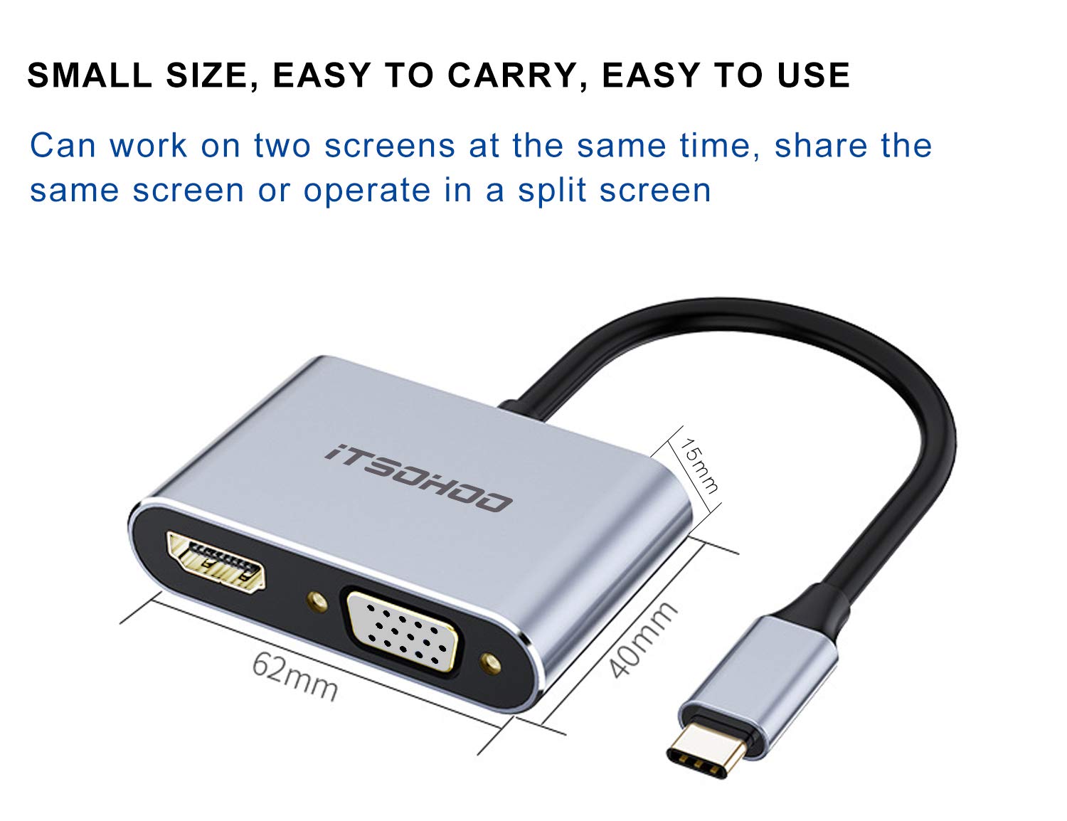 iTSOHOO Adattatore da USB C a HDMI VGA, Convertitore da USB tipo C Thunderbolt 3 a VGA HDMI 4K per MacBook Pro/Air 2020 2019, iMac, Dell XPS 13/15, Surface Go, Galaxy S20, Chromebook