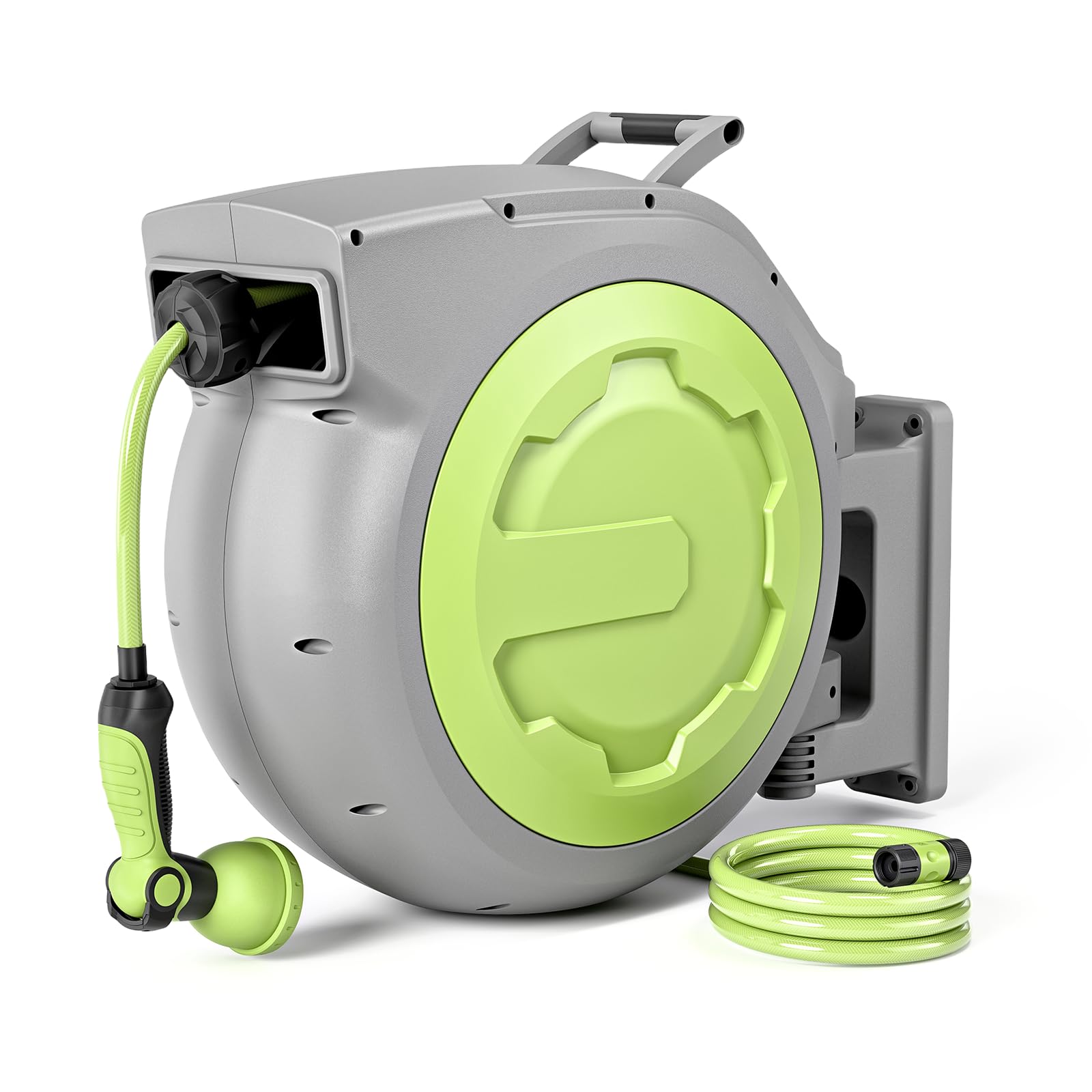 Retractable Garden Hose Reel 1/2" x 45m + 2m Wall Mount Auto Reel for Outside with 10 Pattern Nozzle, Lock Any Length, 180°Swivel, Automatic Slow Rewind System
