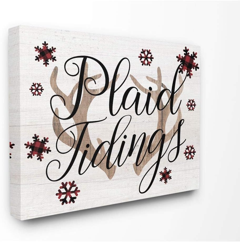Stupell Industries Plaid Tidings Antlers Pattern Holiday Wood Texture Word Design Canvas Wall Art, 16 x 20, Multi-Color