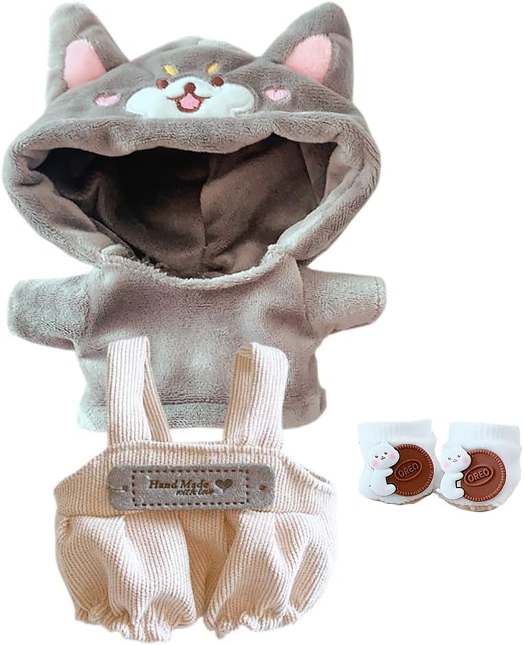 niannyyhouse Dog Suit Dress Up Hoodie Corduroy Overalls Shoes 7.8in（20cm） Plush Doll Stuffed Figures Toys Clothes Accessories (Gray)