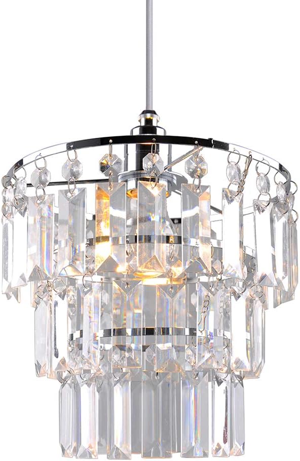 Crystal Light Shade, Modern Chrome Chandelier Ceiling Pendant Light Shades,3 Tiers Crystal Acrylic with Clear Jewel Effect Droplets,Chrome Frame and Clear Beads, PS02CLR