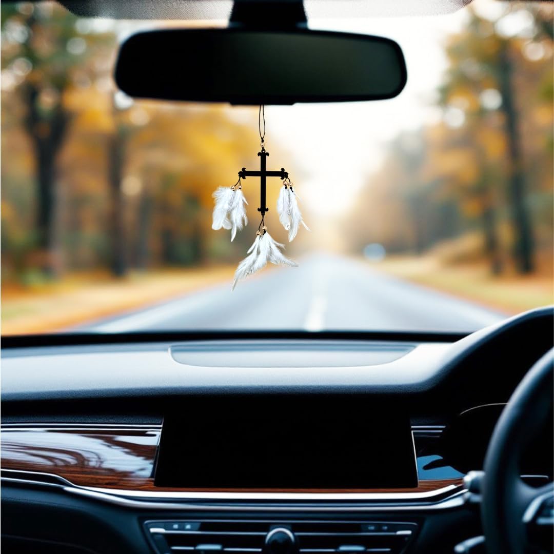 DALLI NESH NATURE WOOD Car Rear View Mirror Cross Hanging Ornament with White Feathers, Traditional Indian Style, Black-image-45