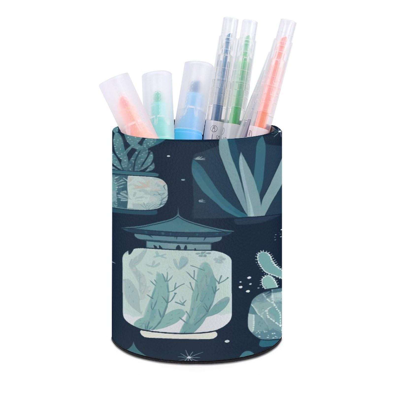 Succulent Plants And Cactus Pen Holder Multi-Functional Round Pencil Holder Cute Office Decoration Pen Cups Simple Design PU Leather Paintbrush Cups for Home Office Desk