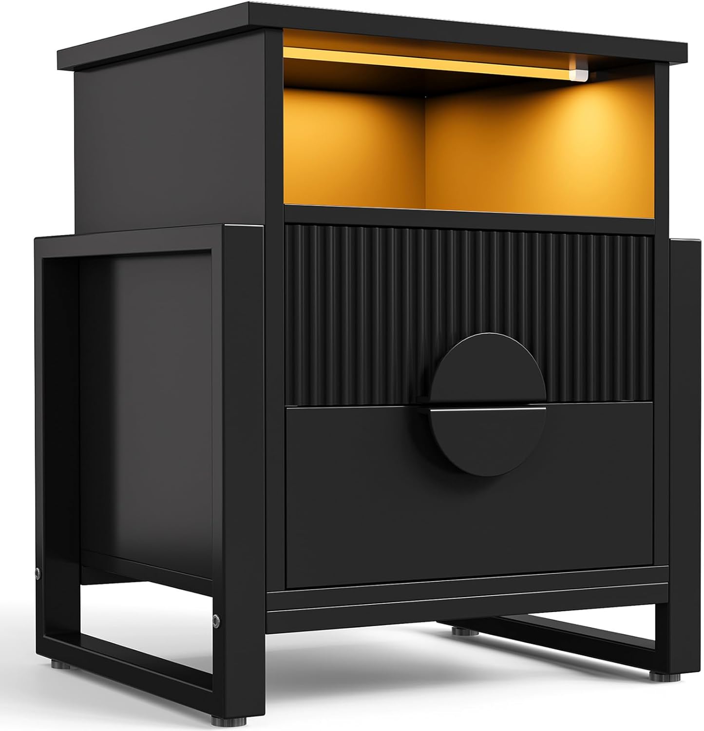 LGHM Fluted Nightstand with Charger Station Strip Lights, 20.47" W Night Stand with 2 Drawers, Large Accent Bed Side Table and End Table, Large Open Cubby Storage, Raising H Legs,Black