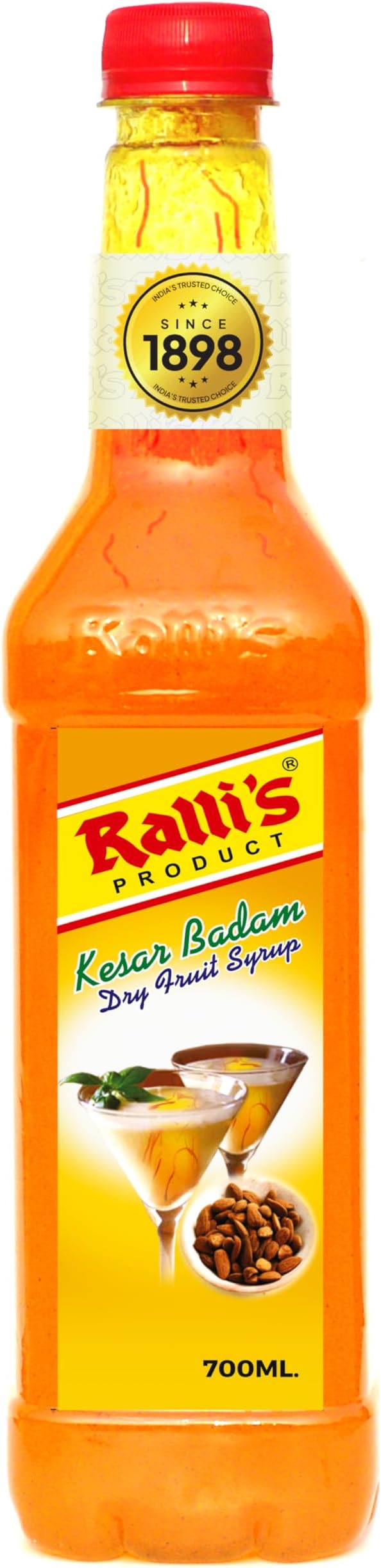 Ralli's Kesar Badam Syrup Sharbat 700ml | Premium Instant Refreshing Drink | Ready to Mix With Water, Milk, Ice Creams, Faloodas, Mock Tails, Desserts & Sweets