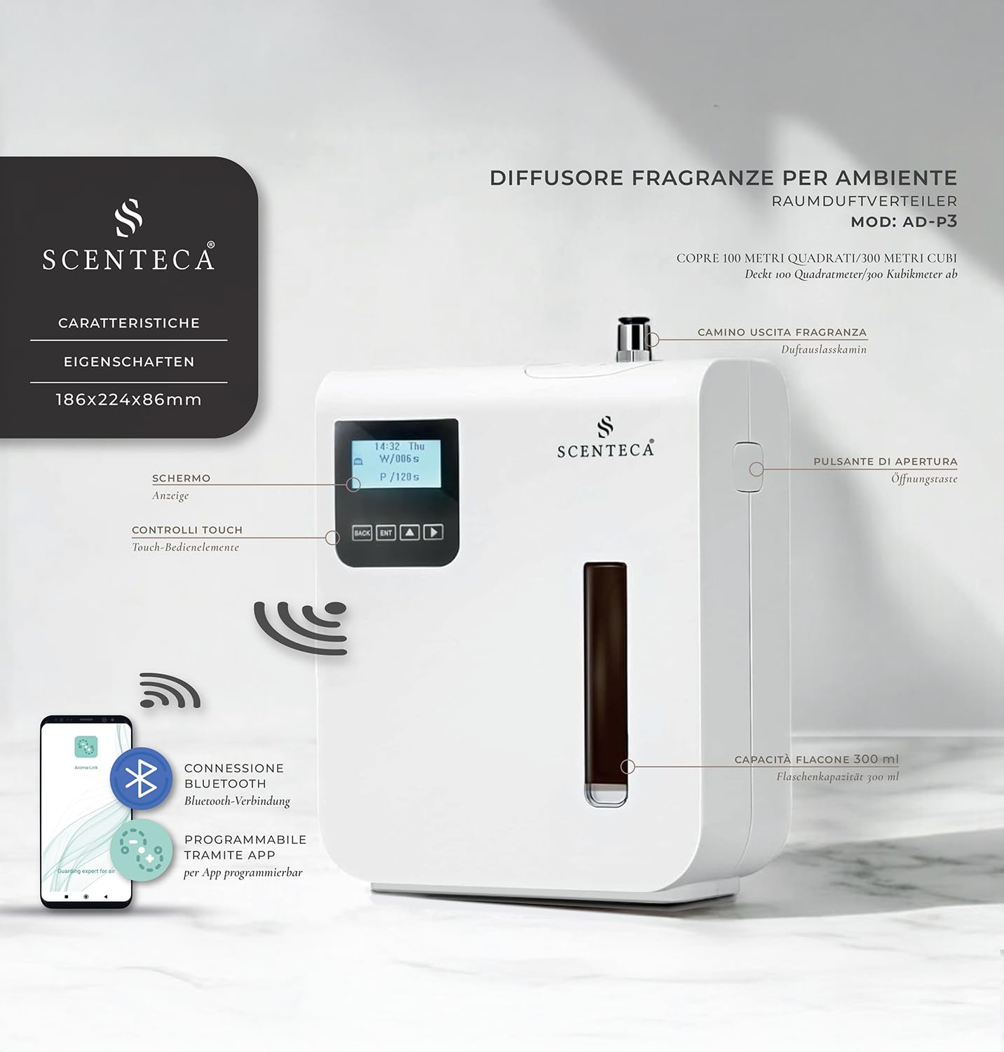 SCENTECA Diffusore elettrico di oli essenziali Mod. AD-P3, con fragranza Tè Bianco e Fiori di Primavera inclusa, nebulizzazione a freddo, copertura fino a 100 mq, per casa e ufficio (100 ml)