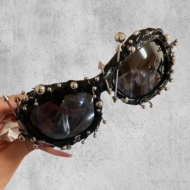 bullabulling Cool Rock Punk Spike Sunglasses Metal Studded Moto Biker Glasses Black4