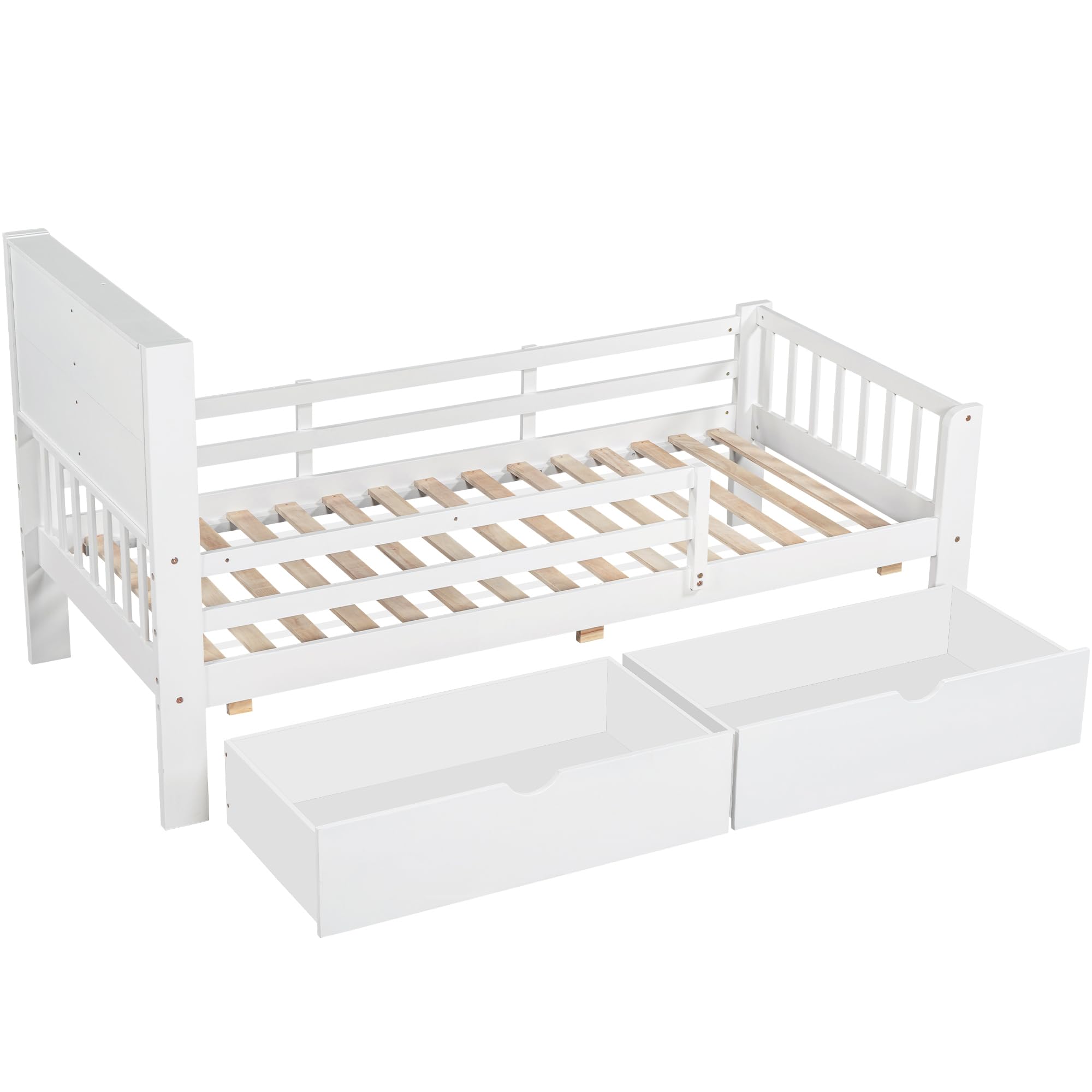 Cama Infantil 90 x 200cm, Cama Individual con Varias Funciones, Protección Anti-Caída y Somier, Cama para Niños con Cajones y Pizarra, sin Colchón, Blanco