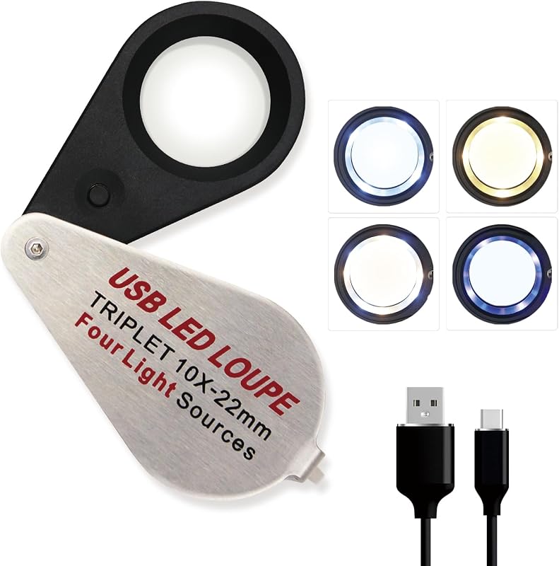 10X Rechargeable Jewelers Loupe with UV & LED Lights, Four Light Modes, Illuminated 22mm Eye Loop Magnifier Pocket Folable Jewelry Magnifying Glass for Jewelry, Currency, Gemstone, Coins, Stamps
