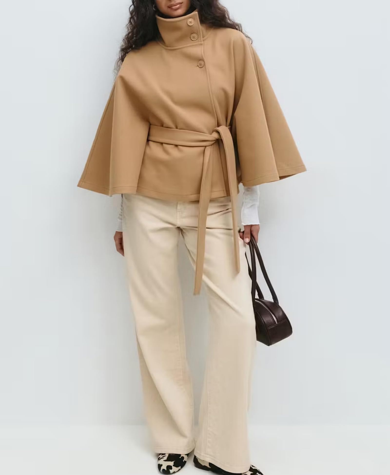 Generisch Poncho de lana con mangas de murciélago para mujer, con cinturón, cuello alto, chaqueta de capa corta