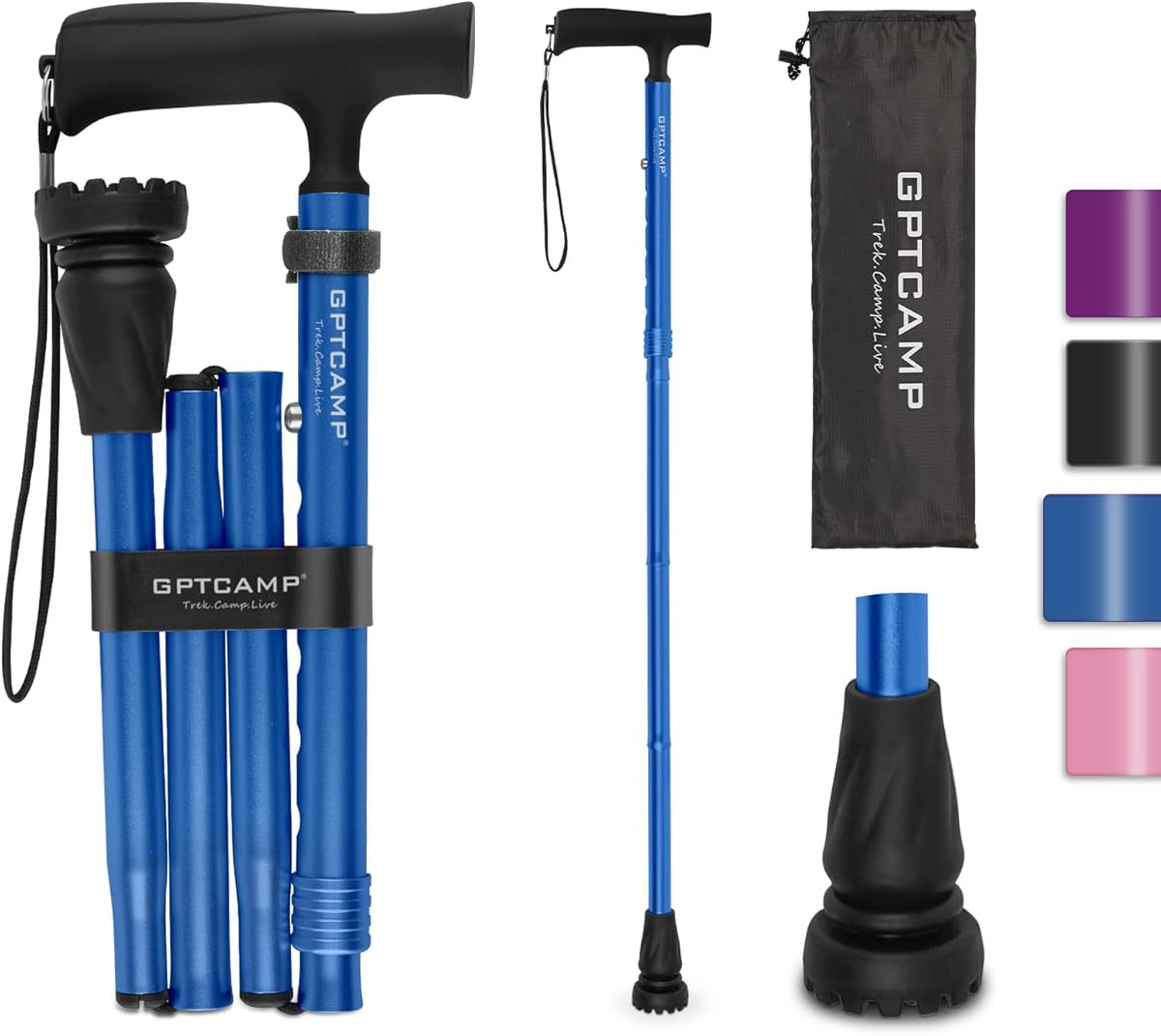 GPTCAMP G2 Walking Stick, Fold-up Walking Cane for Women and Men with Wrist Strap, Portable, Foldable, Collapsible, Lightweight and Sturdy with Comfortable T Handle