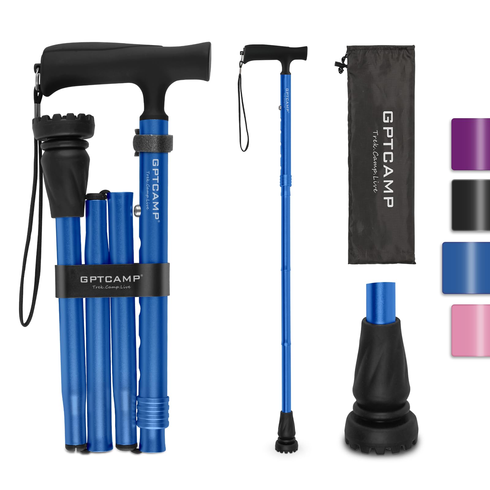 GPTCAMP G2 Walking Stick, Fold-up Walking Cane for Women and Men with Wrist Strap, Portable, Foldable, Collapsible, Lightweight and Sturdy with