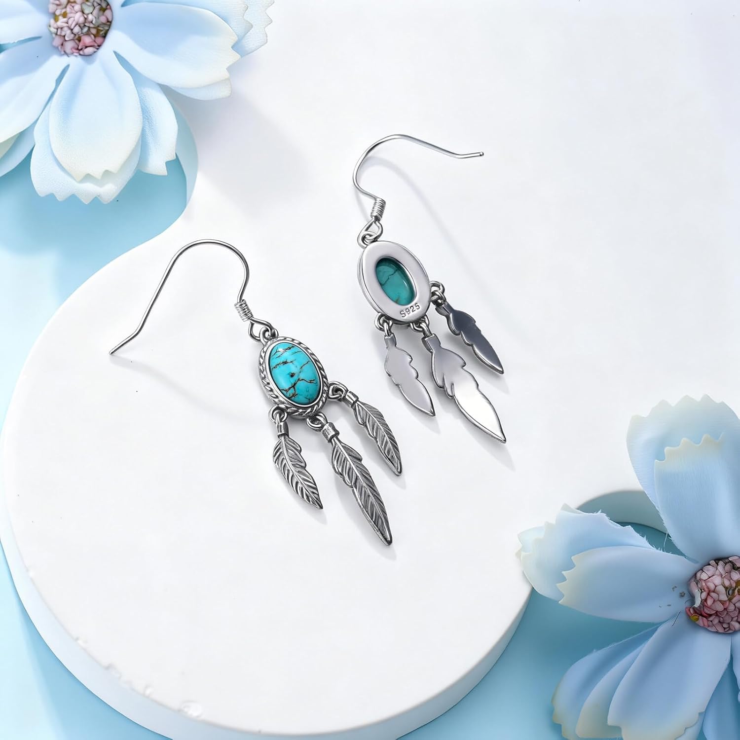 Genuine Turquoise Feather Earrings 925 Sterling Silver Feather Dangle Drop Earrings Boho Vintage Leaf Hook Earrings Western Jewelry Gifts for Women - Image 3