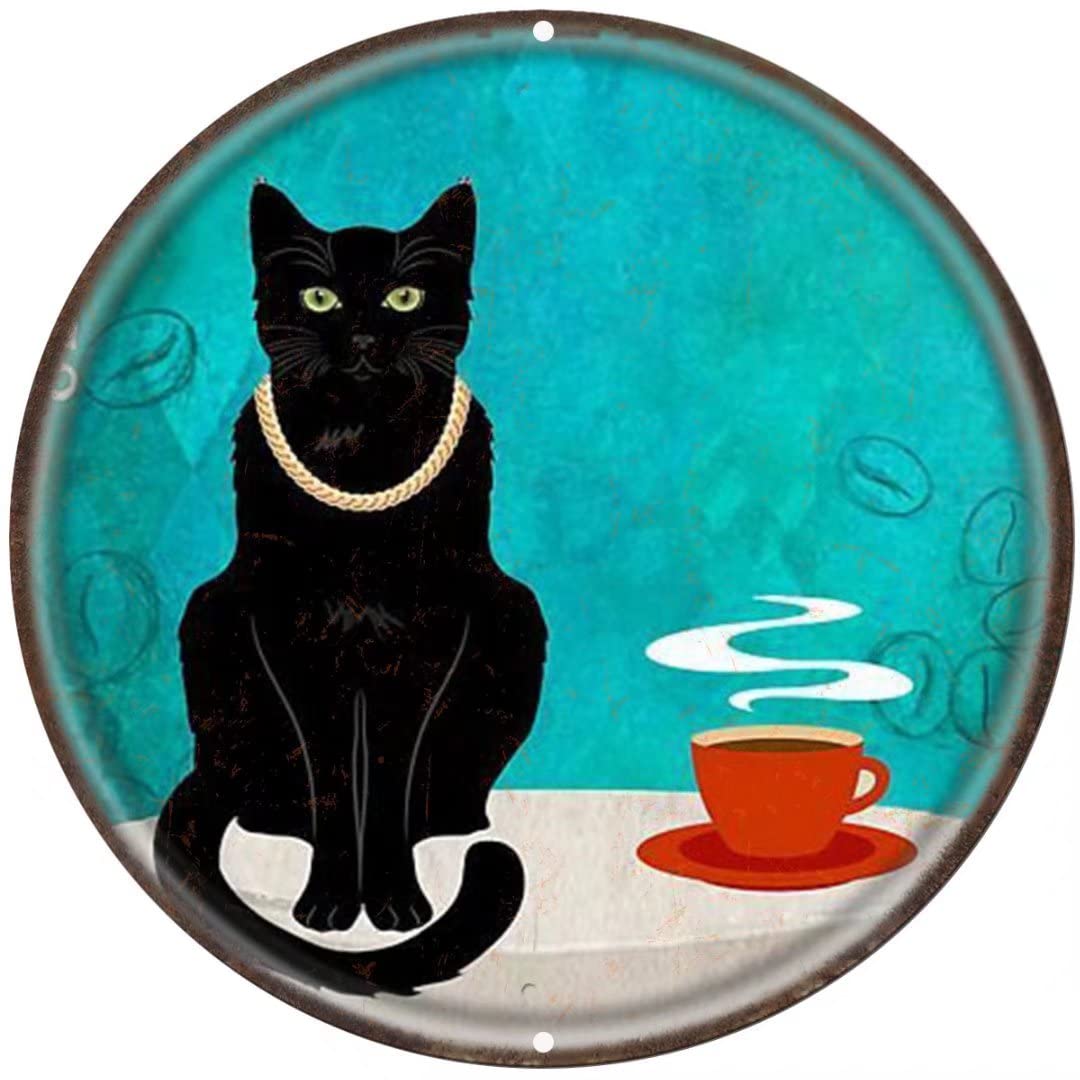 Curteny Black Metal Tin Sign Circle Round Sign Strong Rich Cat Coffee,Round Metal Sign Plaque For Home Garden Kitchen Bar Cafe Restaurant Garage Retro Vintage Wall Art 12X12 Inch Metal Wreath Sign