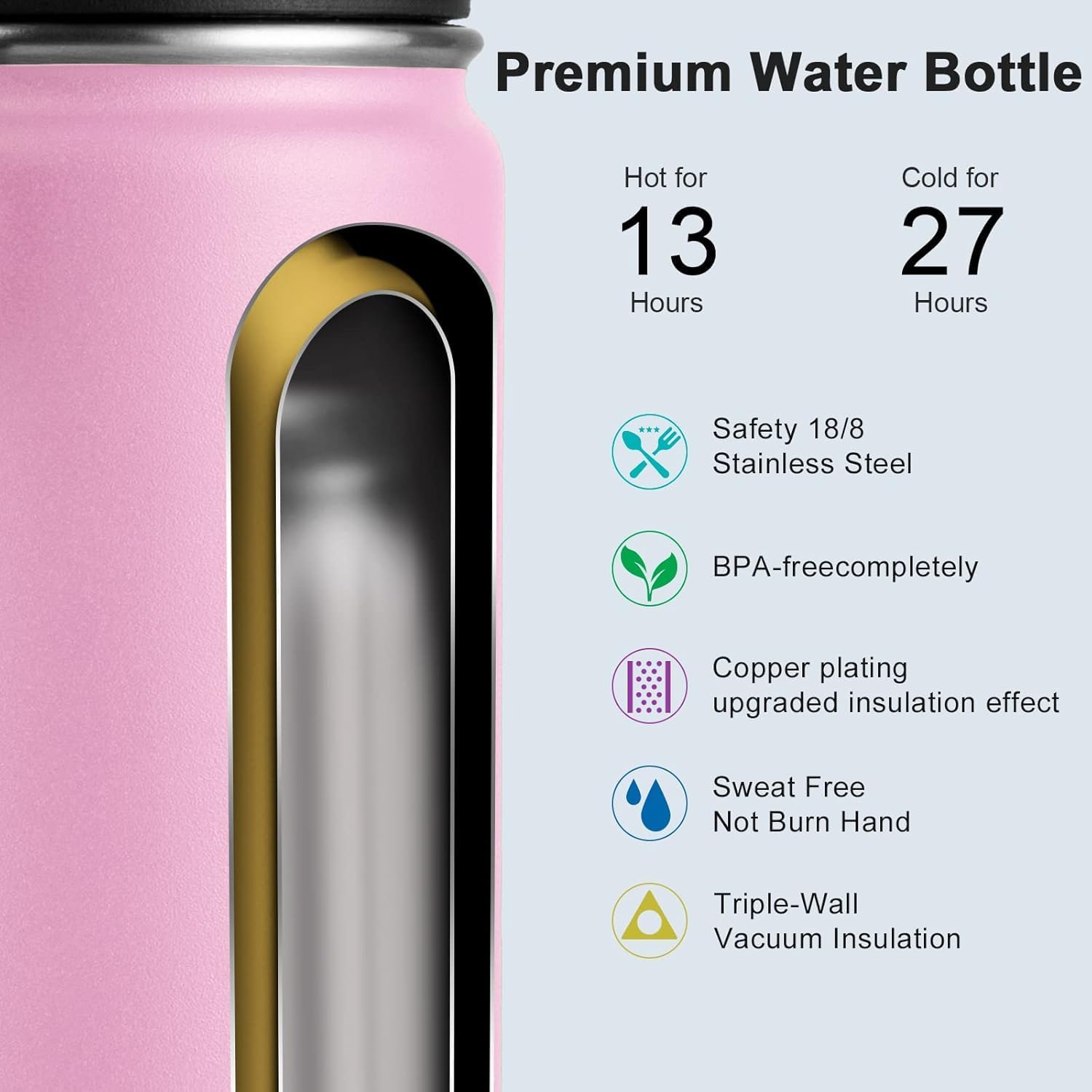 koodee Insulated Water Bottle, 22 oz Stainless Steel Double Wall Vacuum Wide Mouth Sport Bottle with Leakproof Spout Lid (Pink) - Image 4