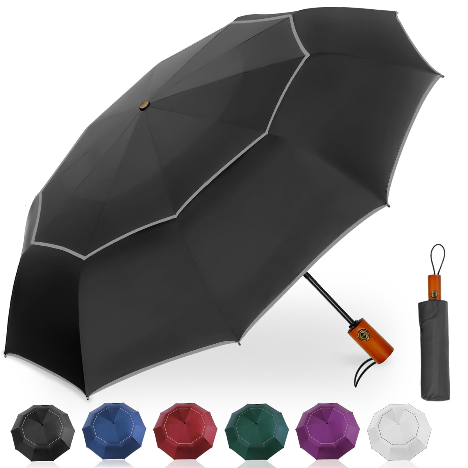 Satol Extra Large Golf Umbrella, 46/54/62 Inch Windproof 10 Ribs Vented Double Canopy Reflective Strips Automatic Open/Close Waterproof UV Protection