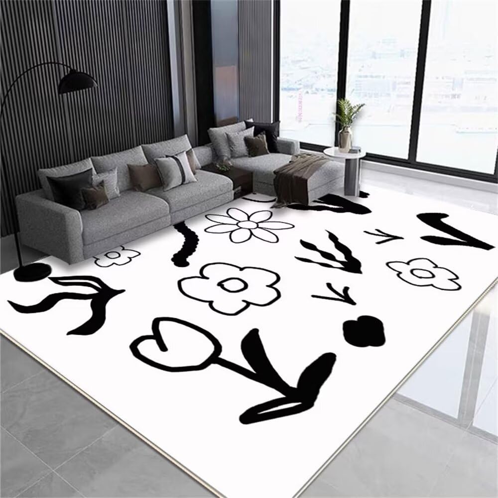 Tapis de chambre adulte 180x220cm blanc et noir à motif floral pour grand salon moderne