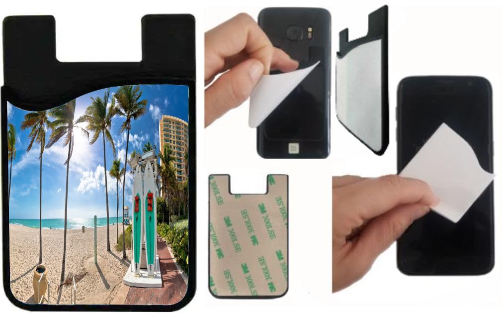 Island Gifting Neoprene Stick-on ID Card Holder for iPhone/Galaxy/Google Android Cases Featuring Image of Turquoise Palm Beach in Hollywood USA