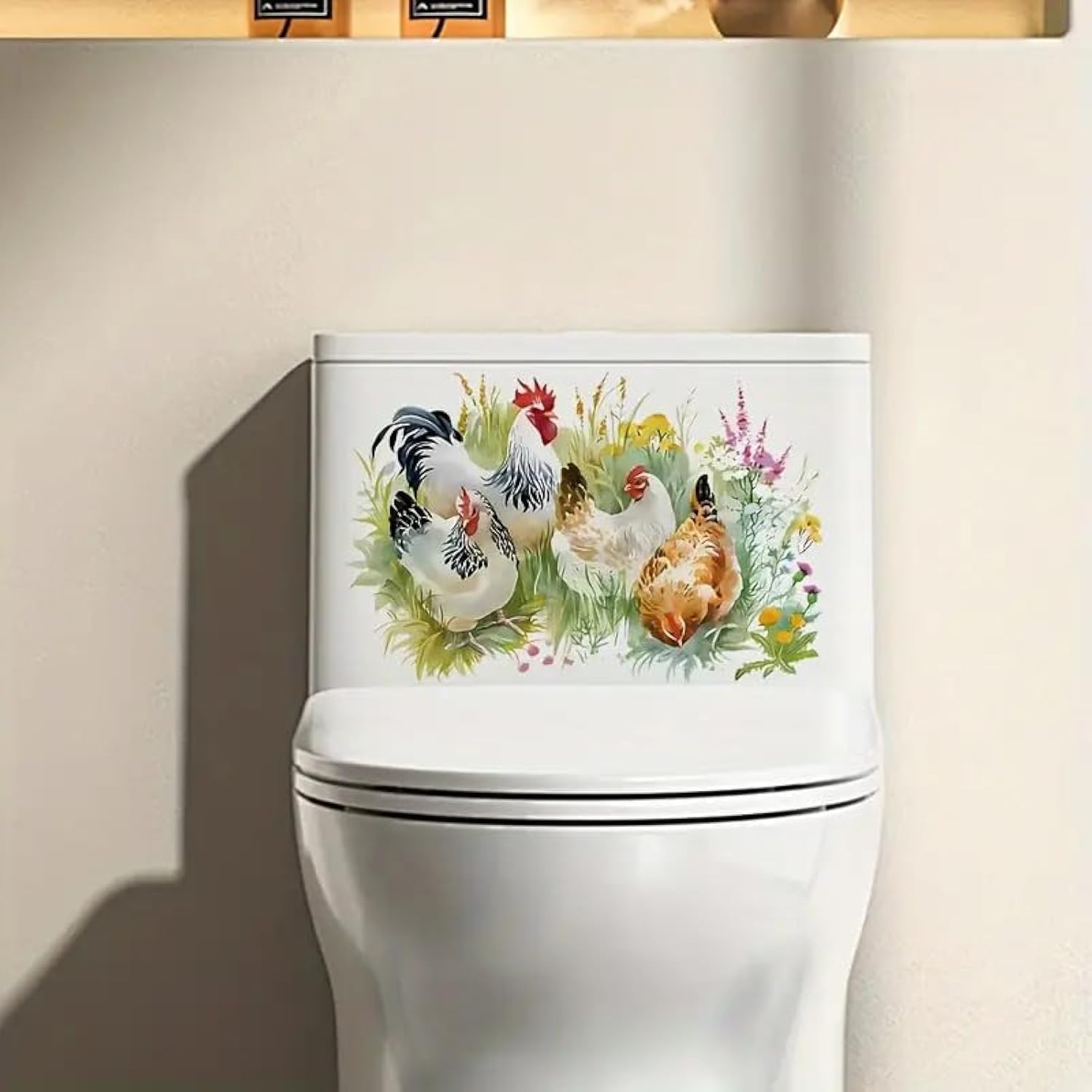 Tolovis Color Chicken Flower Grass Toilet Cover Sticker Decals,Flower Leaf Bird Waterproof Toilet Lid Tank Seat Decals Cistern Self-Adhesive Bathroom Wall Sticker