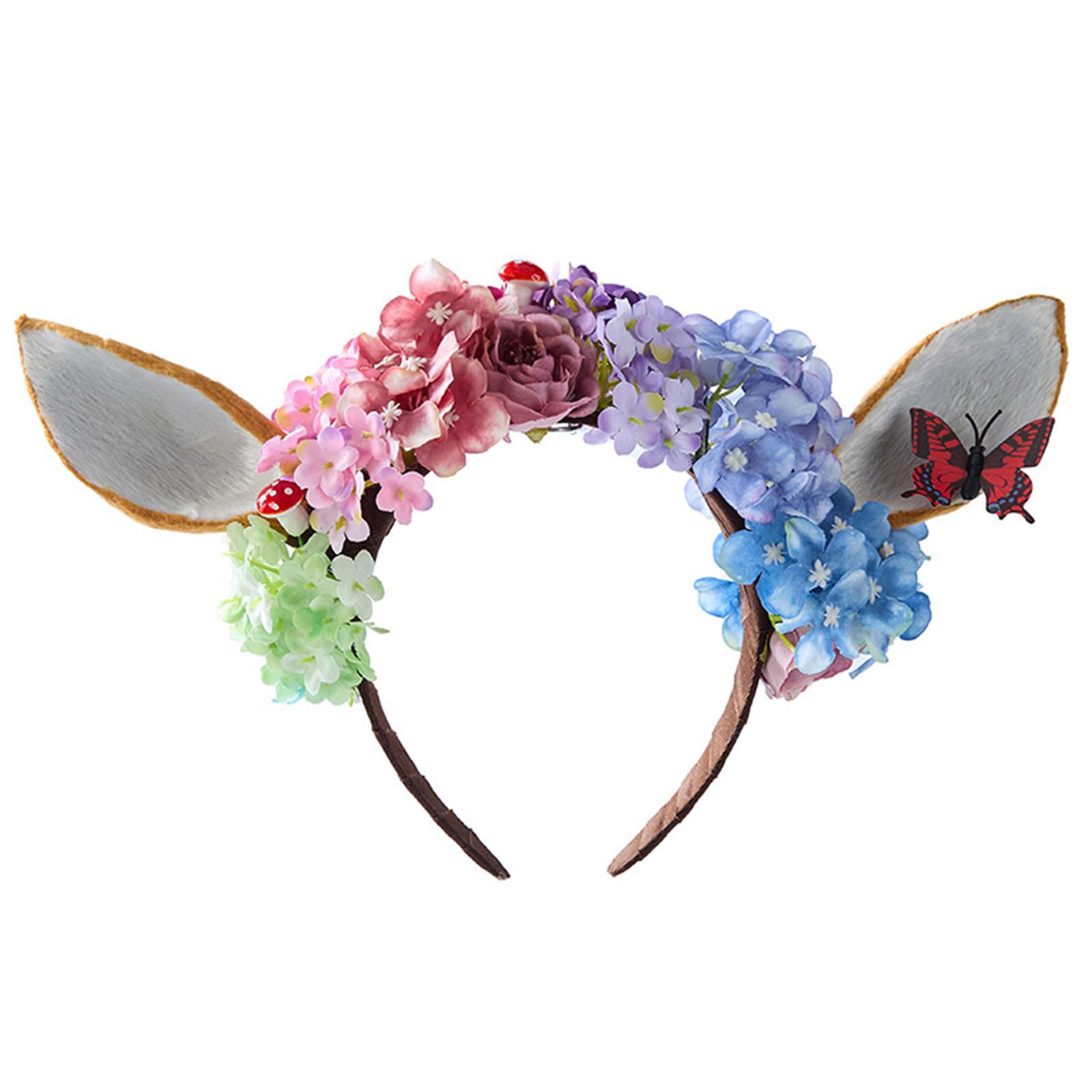 MICFENY Adjustable Punk Flower Hairband With Realistic Deer Ears Headbands Hair Accessory For Cosplays Festival Event