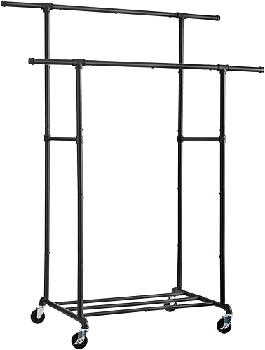 Perchero de ropa resistente, perchero con ruedas, estante de ropa rodante, organizador de percha de ropa, doble varilla, máximo 400 libras, para