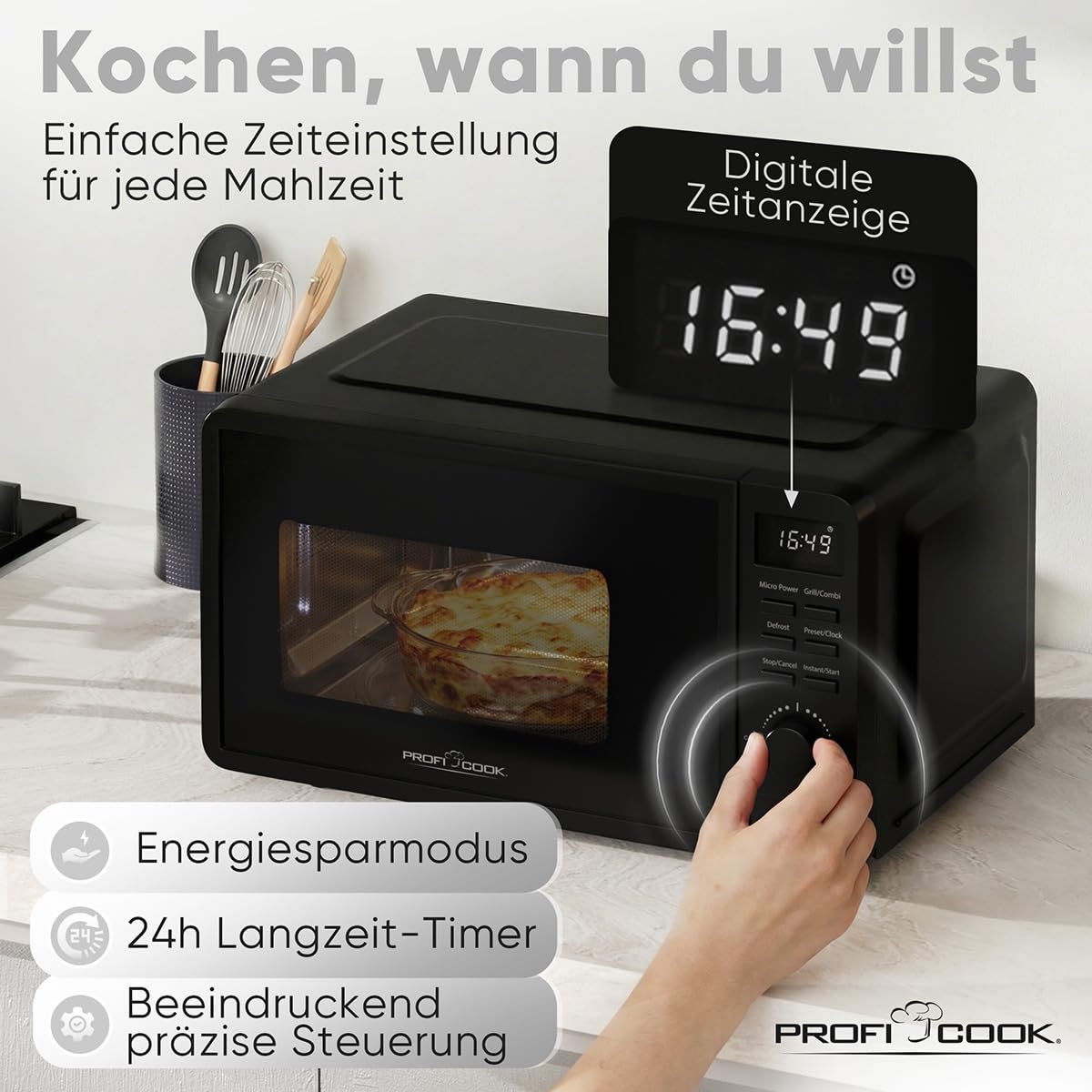 ProfiCook® Mikrowelle mit Grill | 800 Watt Grill | 20L | 8 Automatikprogramme | Timer | inkl. Drehteller und Grillrost | Uhrzeitanzeige | Microwellengerät | PC MWG 1319