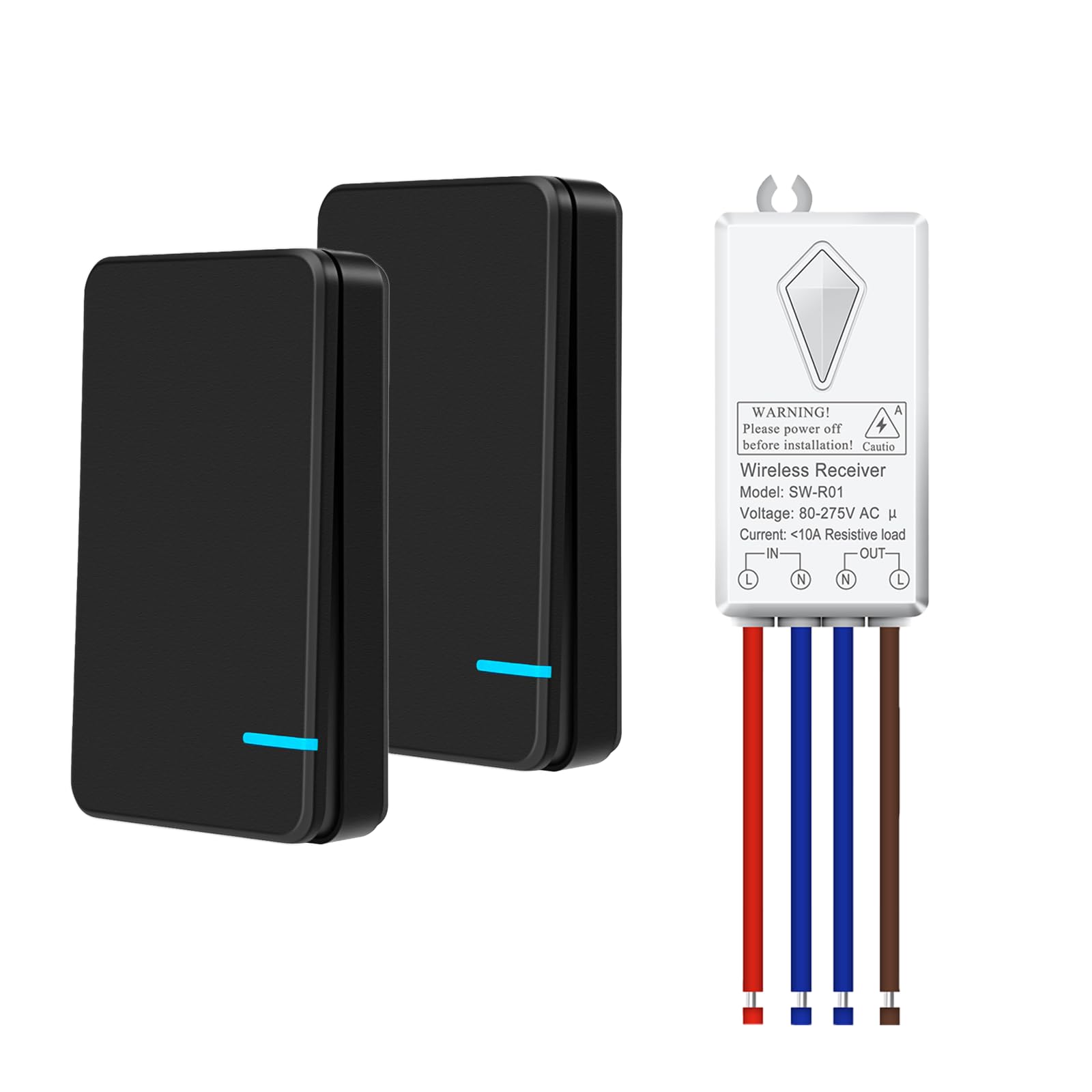 NineLeaf Wireless Light Switch Black - No Wiring, No Interference, 400 m Range, Remote Control for Lamps, Ceiling Lights, Fans, IP66 Waterproof for Outdoor Lighting, 2 Switches 1 Receiver