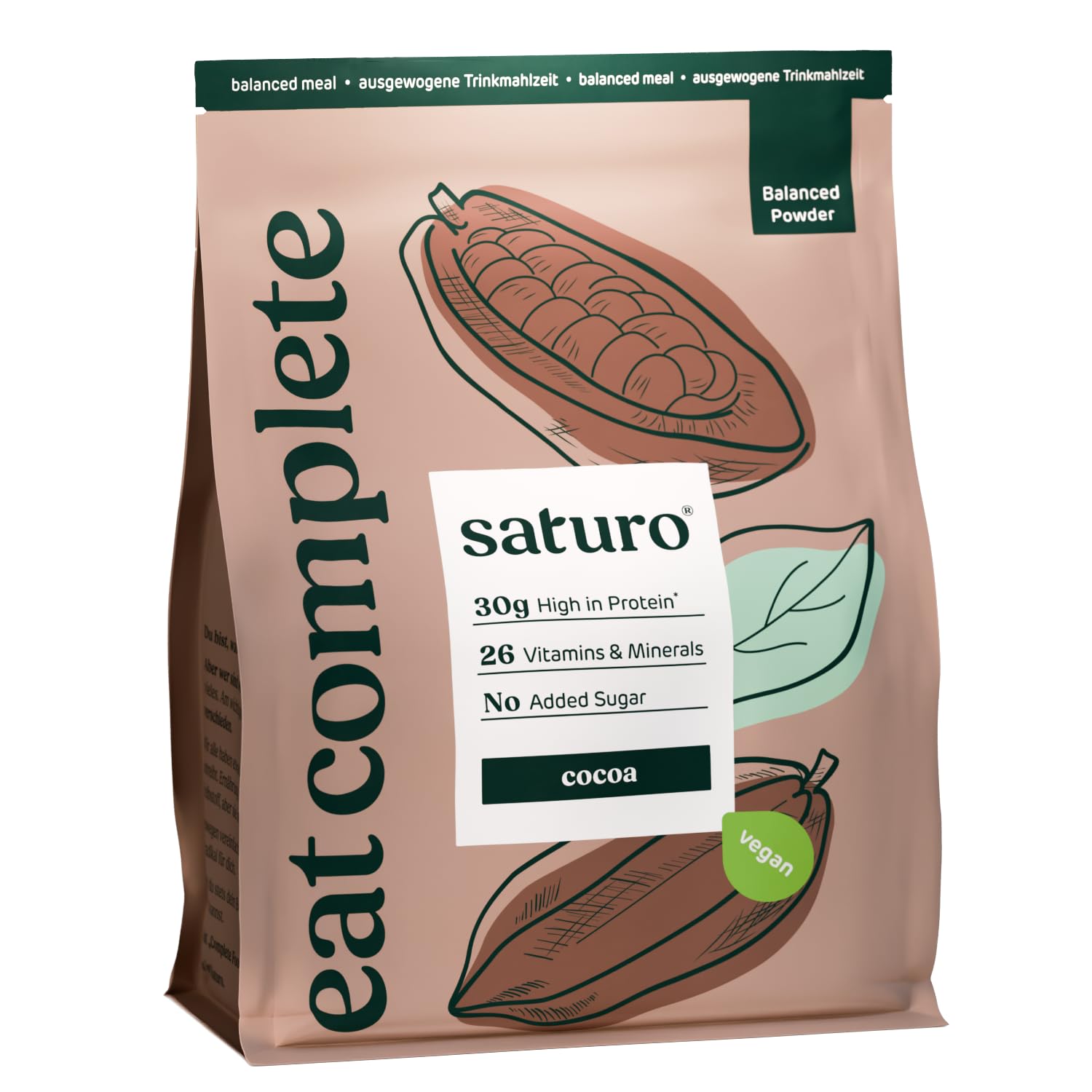 Saturo Substitut de repas - Nourriture d'urgence végétalienne (longue durée de conservation) - Chocolat - Poudre blanche riche en protéines - Poudre avec nutriments précieux - 1,4 kg