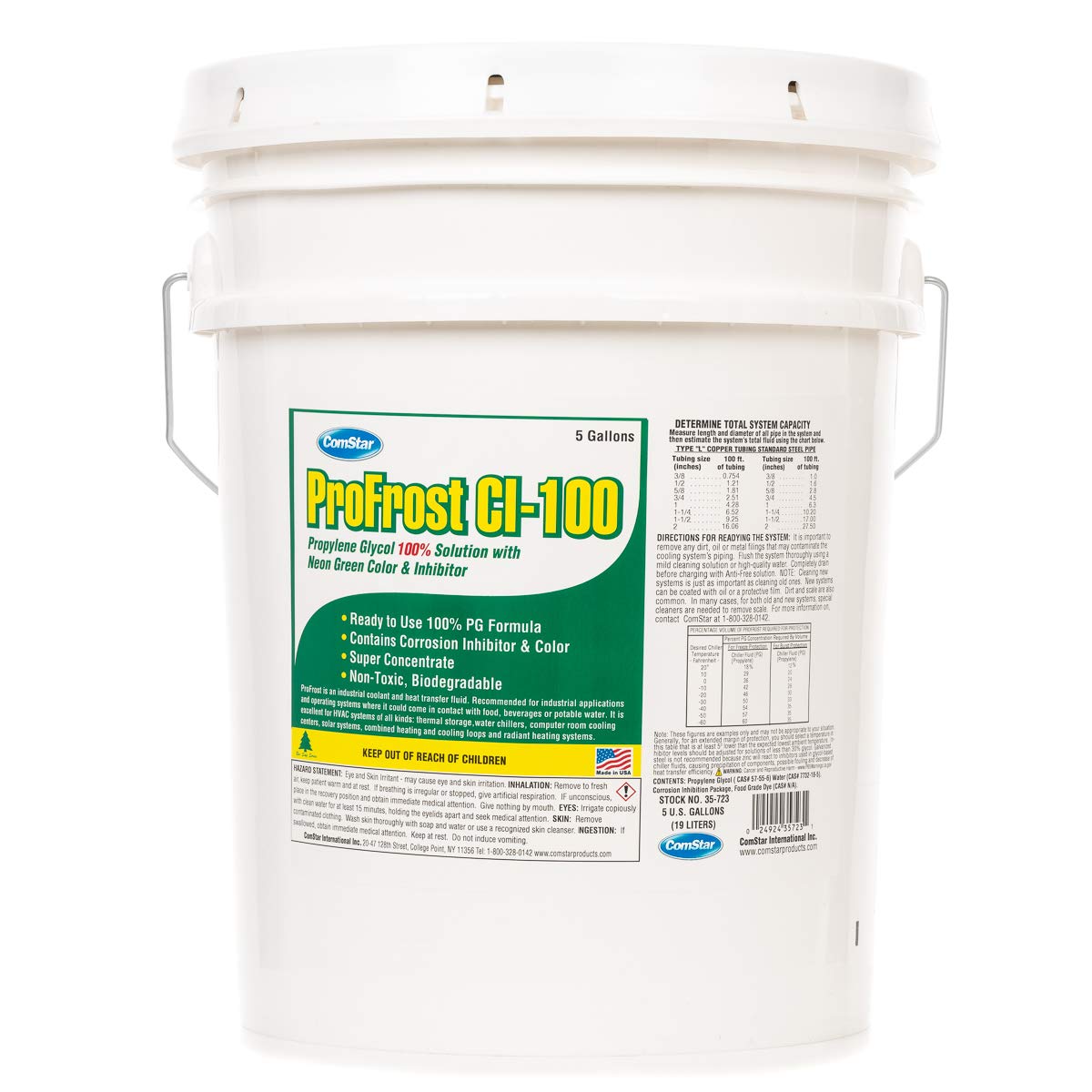 ComStar ProFrost CI-100 Propylene Glycol Antifreeze, Neon Green with Inhibitor, Ready-to-Use 100% Formula, 5 Gallon - Made in USA