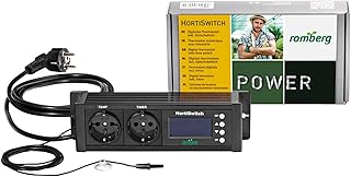 Romberg Thermostat HortiSwitch - digitaler Temperaturregler mit Zeitschaltuhr, Heiz- & Kühlmodus, 2 Steckdosen bis 1500 W, für Zimmergewächshaus, Heizmatte & Pflanzenbeleuchtung, 25 x 13 x 5.5 cm