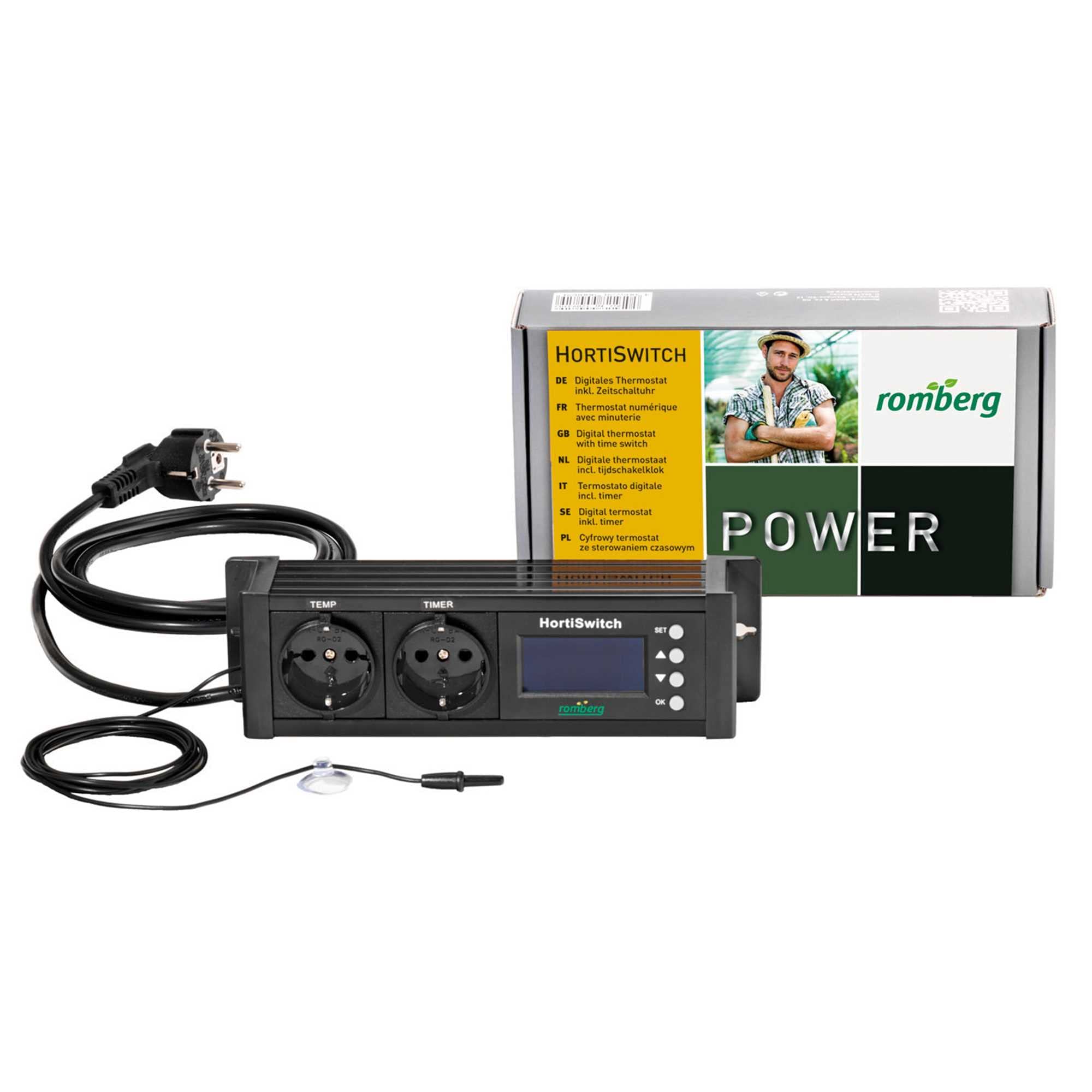 Romberg Thermostat HortiSwitch - digitaler Temperaturregler mit Zeitschaltuhr, Heiz- & Kühlmodus, 2 Steckdosen bis 1500 W, für Zimmergewächshaus, Heizmatte & Pflanzenbeleuchtung, 25 x 13 x 5.5 cm