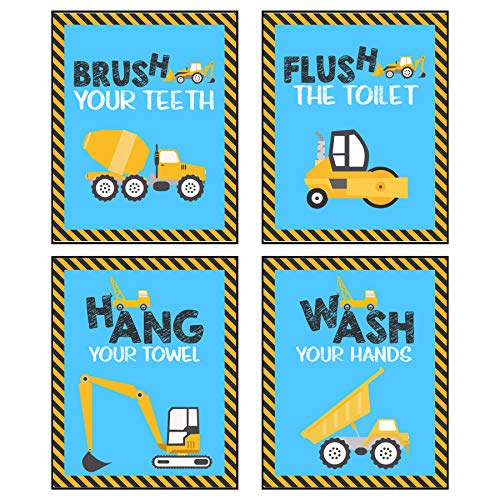 Silly Goose Gifts Construction Truck Themed Art Print Bathroom Wall Decoration (Set Or Four) Bath #TOP19