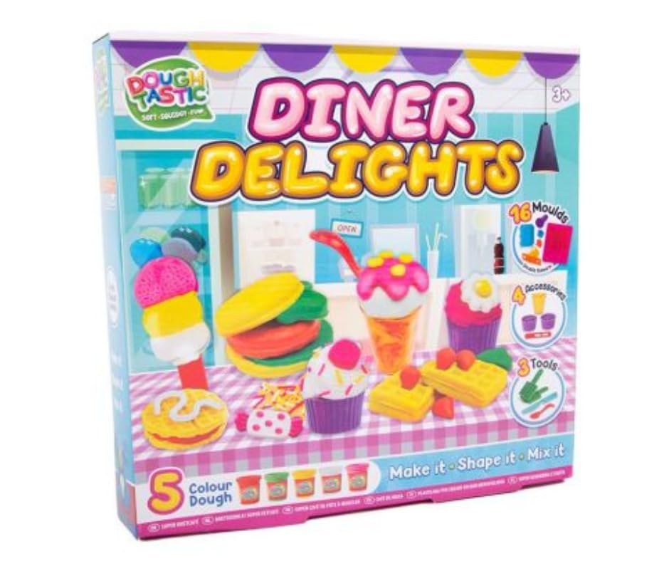 DoughTastic Diner Delights Play Set, 5 Colour Dough Tubs, 16 Moulds, 4 Accessories, 3 Tools, Ages 3+