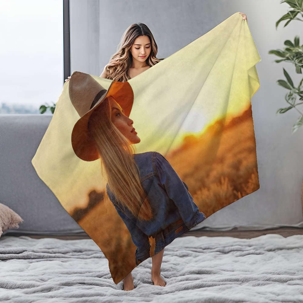 Jeté de lit jaune femme au chapeau cow-boy plaid flanelle 125x150cm pour canapé