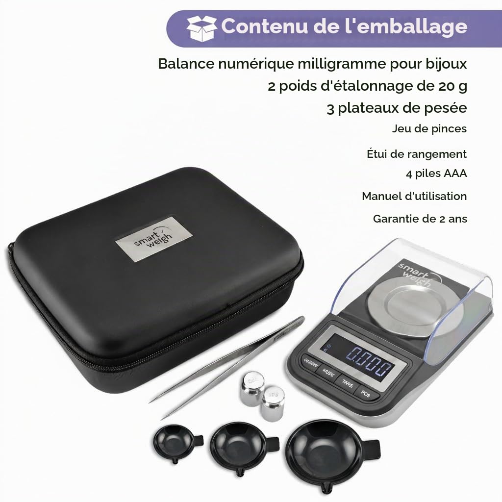 Smart Weigh Mini Balance de Precision Bijoux, 50g/0.001g, Lisibilité de 0.001g, Milligramme Balance de Bijoux Avec Fonction de Tare Incluse, Acier Inoxydable (Noir)