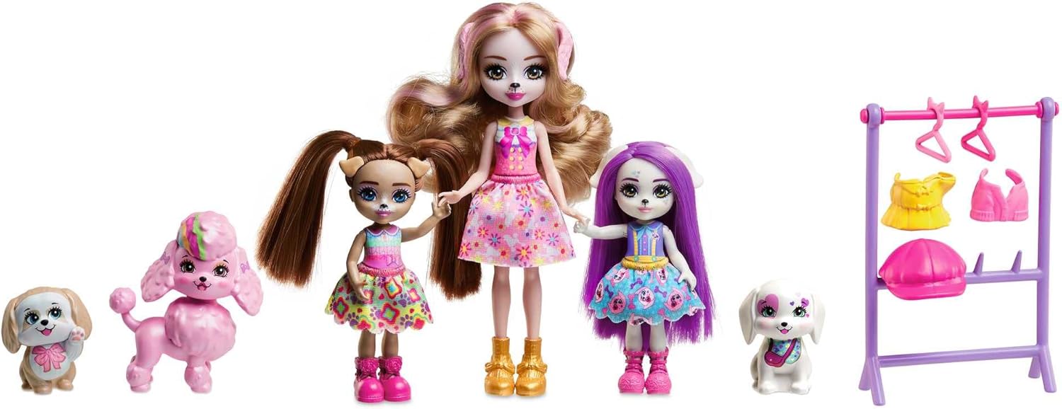 Enchantimals Family of Dogs Dolls Dog and Their Sisters, with Pets and Accessories, Toy +4 years (Mattel HNV26)