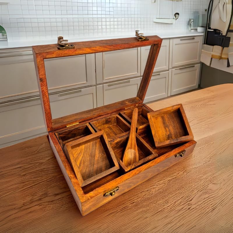 Acacia Wood Spice Box, Wooden Tea Box, 4 Compartments Kitchen Organiser Storage Box, Indian Spices Masala Box, Tea Storage, Spice Storage 6 Partition Jewelery Box