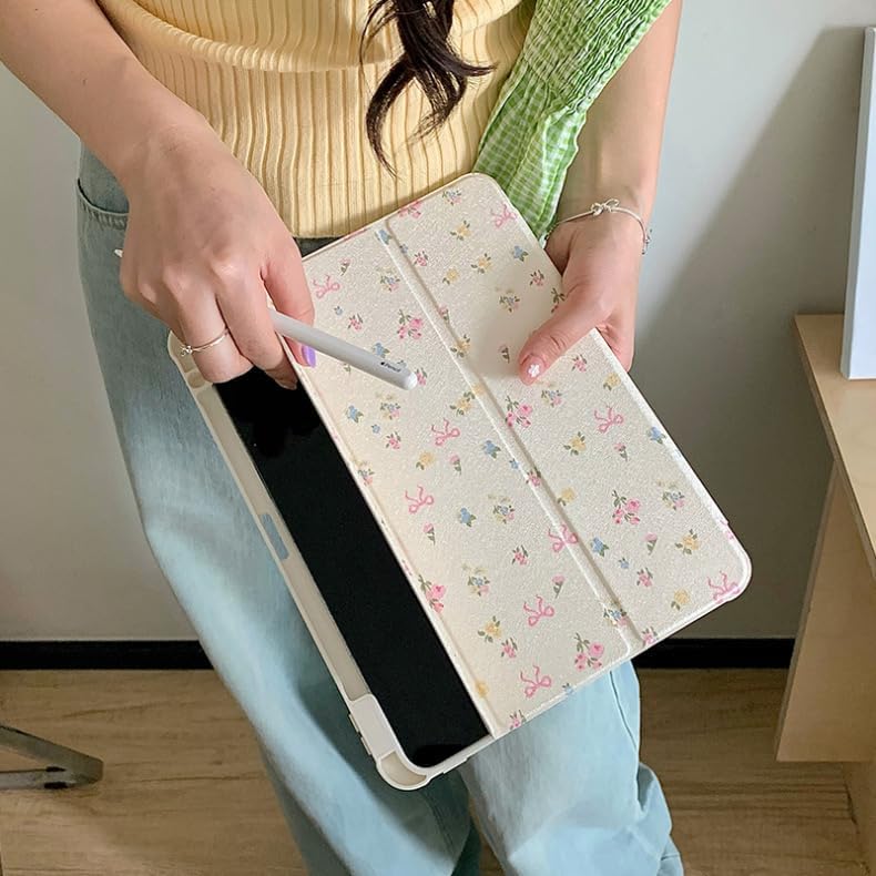 Triple Adjustable Kickstand Hard Folio Case for Apple Tablet Cream White Pink Bow Flowers Floral Refreshing Chic Delicate Cute Lovely Cartoon Girls Kids (for iPad 10.2-Inch 9th Generation 2021)